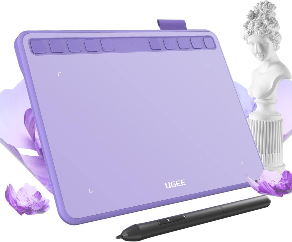 Ugee Drawing Tablet 6.5x4 Inches Computer Graphics Tablets with 10 Hot Keys，Digital Tablet Battery-Free Stylus 8192 Pressure Sensitivity 60°Tilt Function Drawing Pad for PC,Mac,Windows,Android-Purple