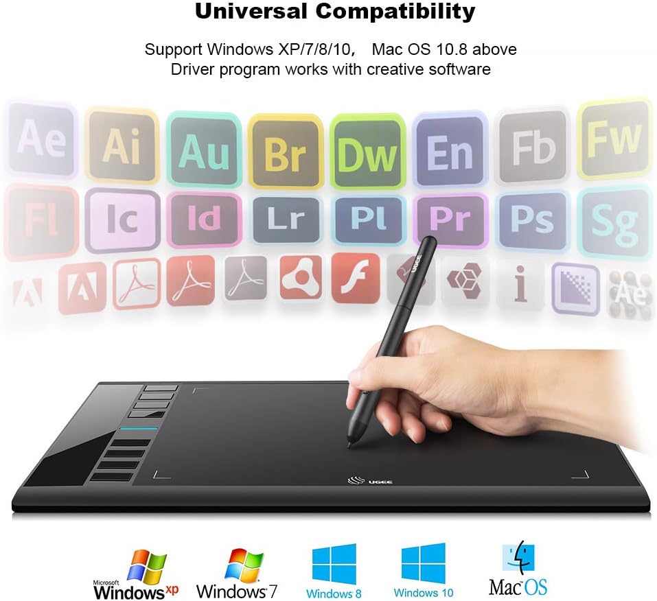 UGEE M708 Drawing Tablet, Graphics Tablet with Pressure Pen Stylus, 8 Hotkeys, 10 * 6 inch Drawing Area, Art Tablet for Artist, Easy to Use, Drawing Pad for Win11/10/8/7, Mac OS, Chrome OS PC Laptop