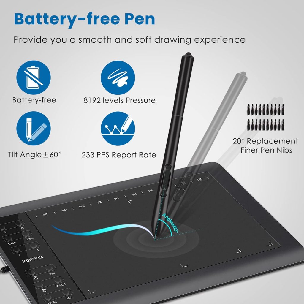 XOPPOX Graphics Drawing Tablet 10 x 6 Inch Large Active Area with 8192 Levels Battery-Free Pen and 12 Hot Keys, Compatible with PC/Mac/Android OS for Painting, Design  Online Teaching