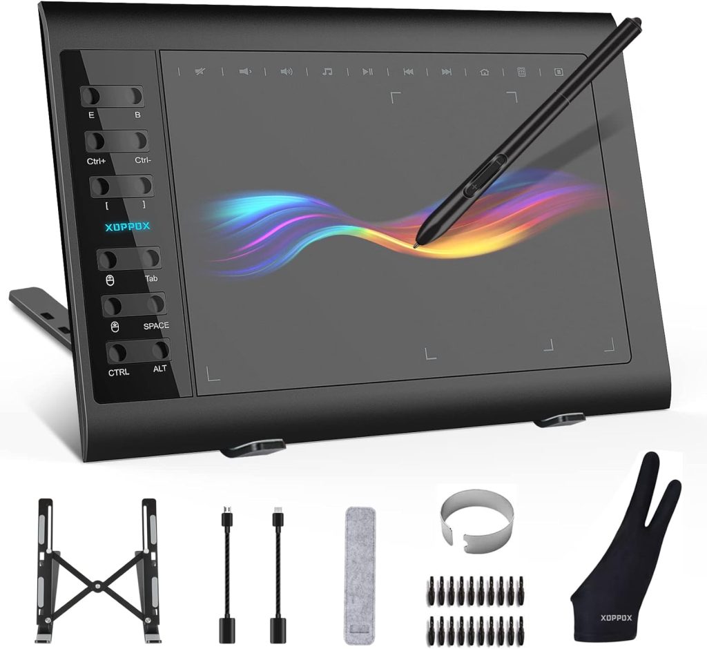 XOPPOX Graphics Drawing Tablet 10 x 6 Inch Large Active Area with 8192 Levels Battery-Free Pen and 12 Hot Keys, Compatible with PC/Mac/Android OS for Painting, Design  Online Teaching