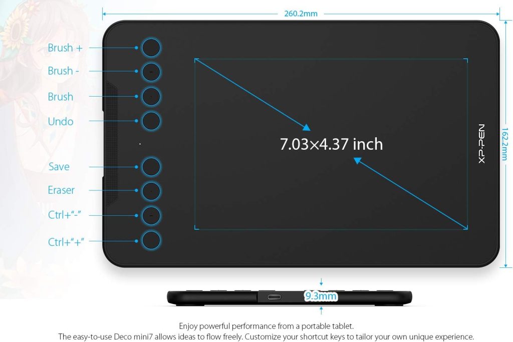 XPPen Deco Mini7 Drawing Tablet Computer Graphic Tablet with 8192 Levels Pressure, 7 x 4 inch Artist Pen Tablet 8 Shortcut Keys for Student E-Learning and Online Teaching Compatible with Chromebook