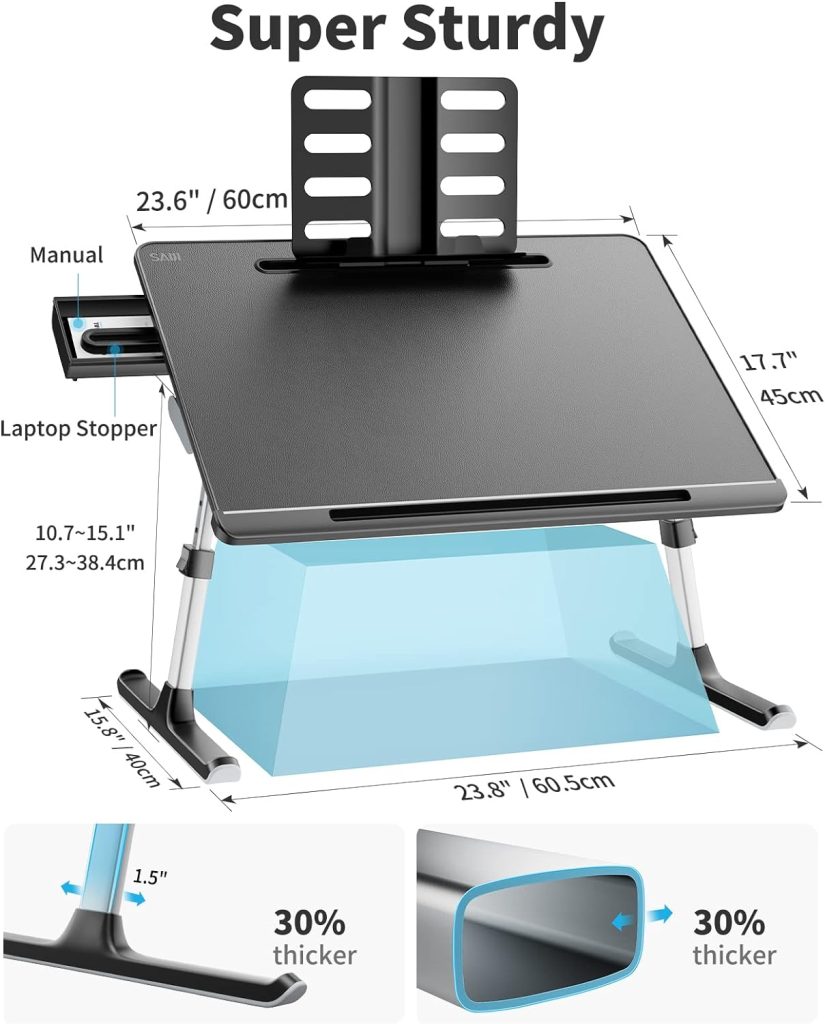 Laptop Bed Tray Desk, SAIJI X-Large Adjustable Laptop Table, Foldable Laptop Desk with Storage Drawer and Bookstand for Eating, Working, Writing, Gaming, Drawing (Black)