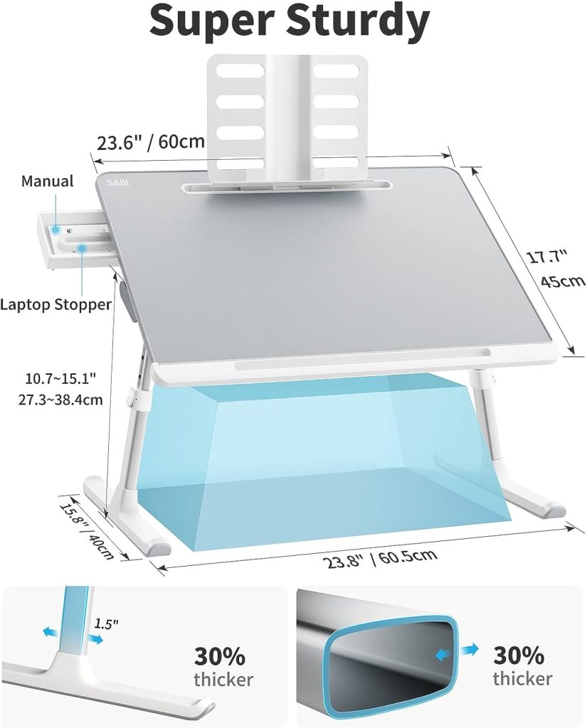 Laptop Bed Tray Desk, SAIJI X-Large Adjustable Laptop Table, Foldable Laptop Desk with Storage Drawer and Bookstand for Eating, Working, Writing, Gaming, Drawing (Black)