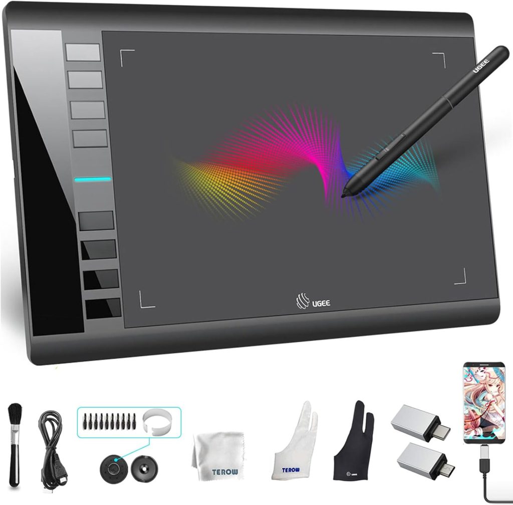 UGEE Graphics Drawing Tablet, M708 V2 10x6 Inch Ultra Thin Large Graphics Drawing Tablets Art Pad with 8 Hot Keys 8192 Level Battery-Free Stylus for Win/Mac/Android, Creation Sketch, Online Teaching